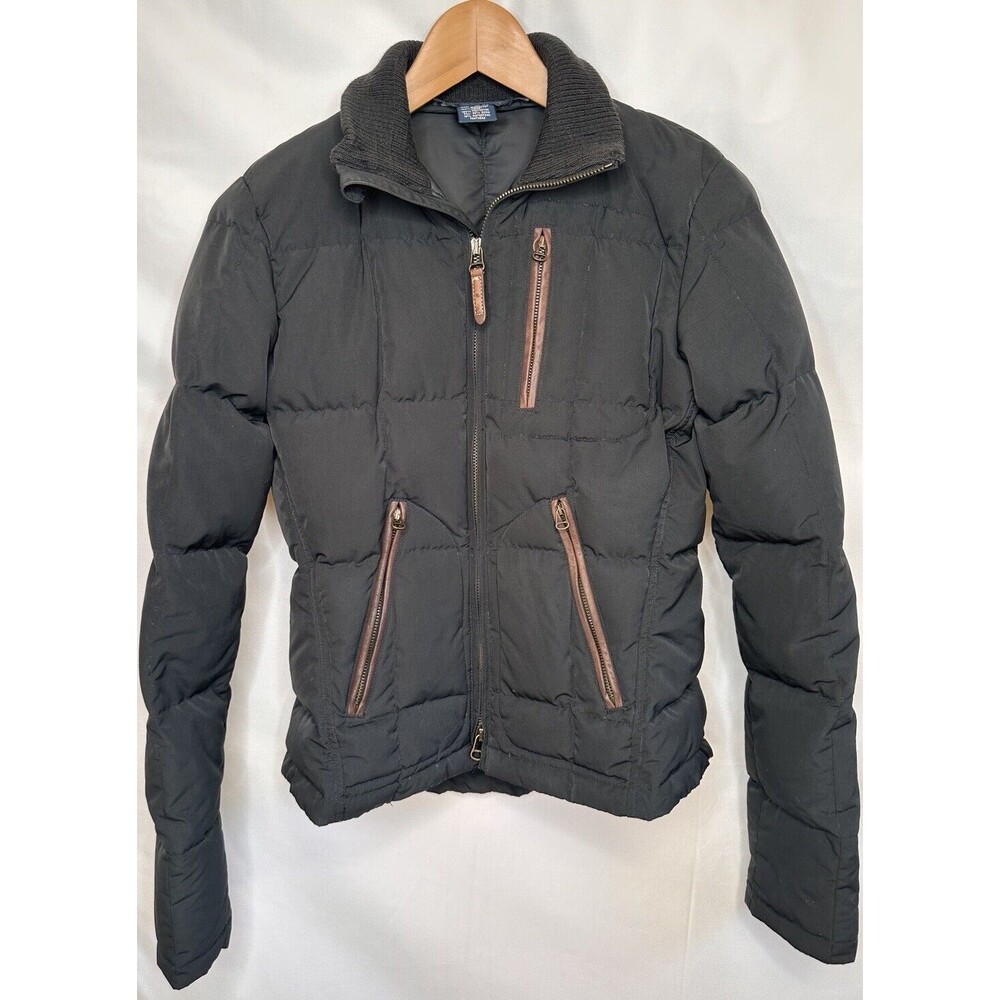 Vintage  Ralph Lauren Black Down Fitted Jacket Sz Small Leather  Knit cuffs